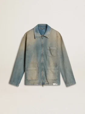 Chaqueta de mezclilla para hombre con efecto desgastado y cremallera