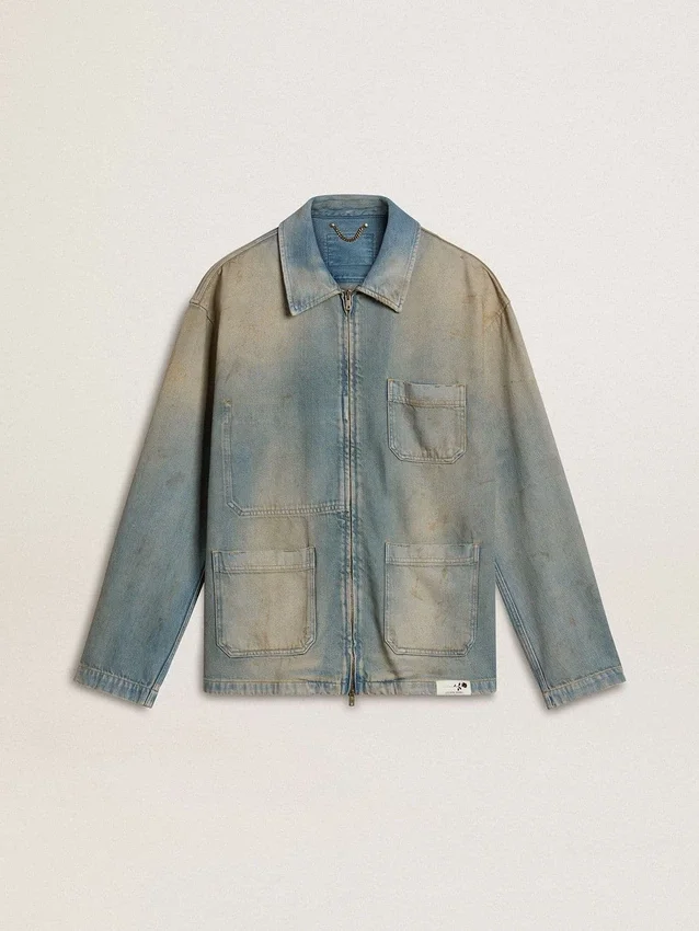 Chaqueta de mezclilla para hombre con efecto desgastado y cremallera