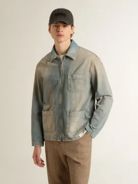 Chaqueta de mezclilla para hombre con efecto desgastado y cremallera