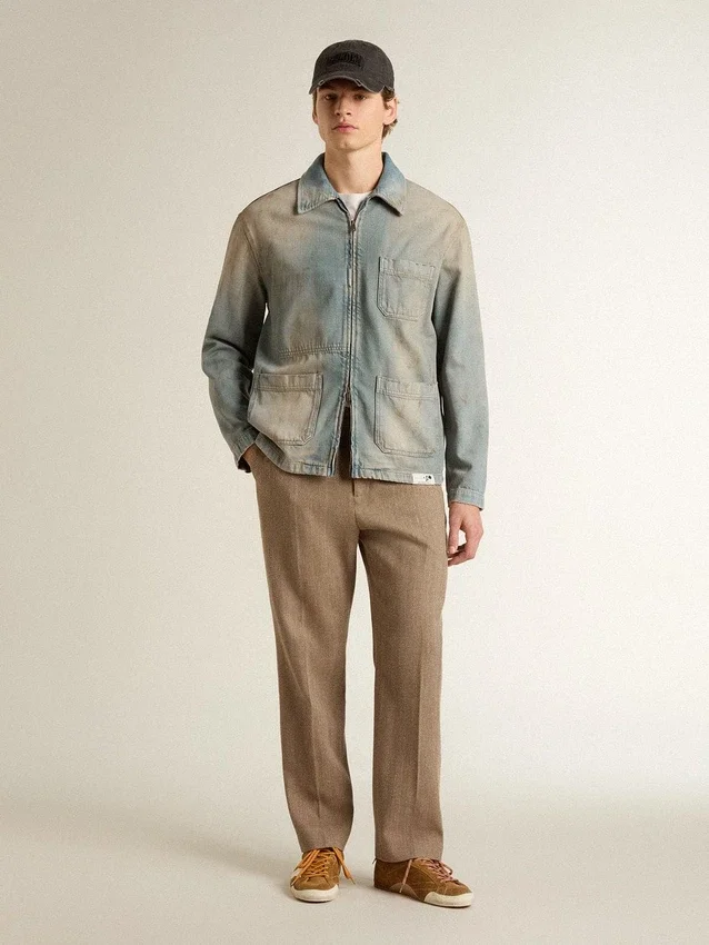 Chaqueta de mezclilla para hombre con efecto desgastado y cremallera