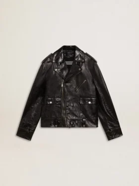 Chaqueta de motociclista de cuero negro para hombre con efecto brillante