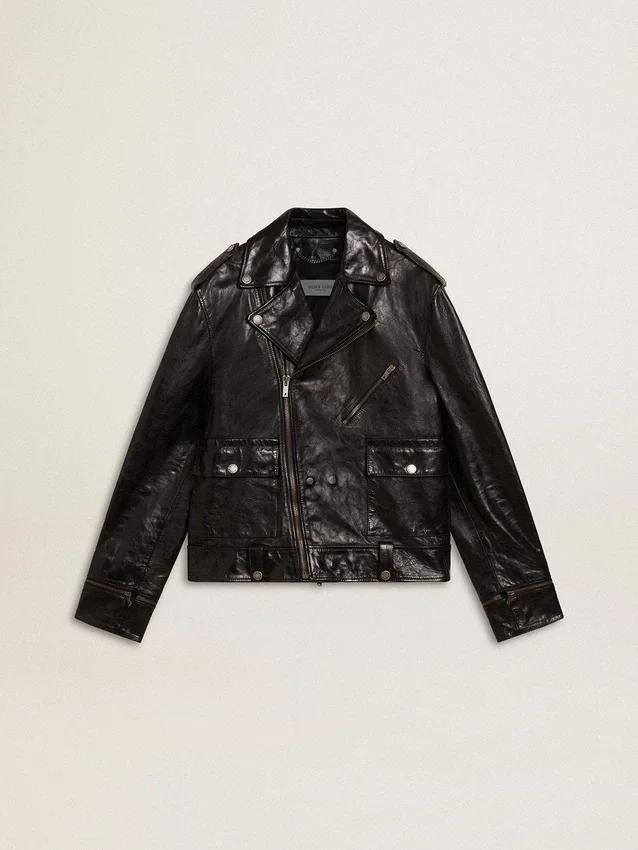 Chaqueta de motociclista de cuero negro para hombre con efecto brillante
