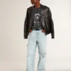Chaqueta de motociclista de cuero negro para hombre con efecto brillante