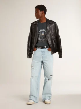 Chaqueta de motociclista de cuero negro para hombre con efecto brillante