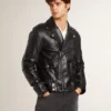 Chaqueta de motociclista de cuero negro para hombre con efecto brillante