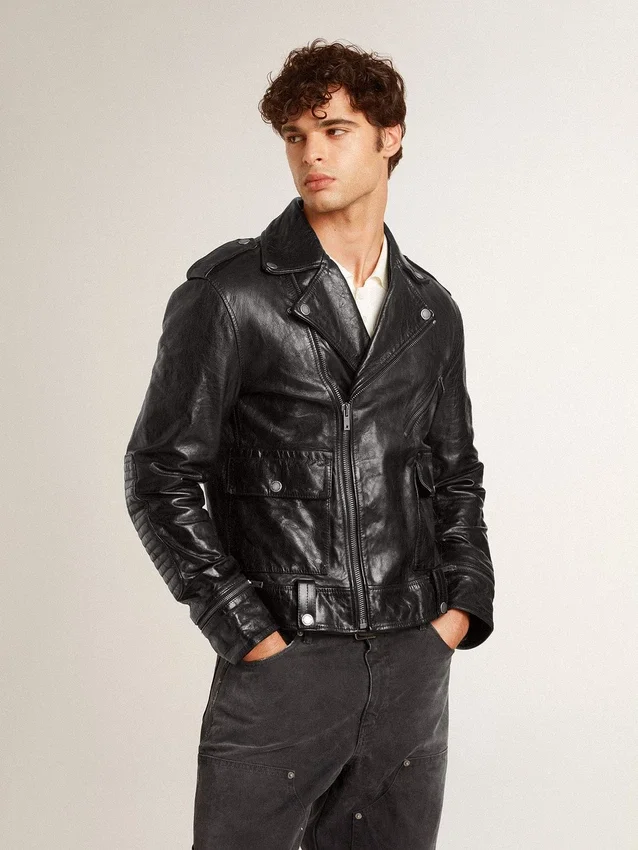 Chaqueta de motociclista de cuero negro para hombre con efecto brillante