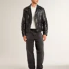 Chaqueta de motociclista de cuero negro para hombre con efecto brillante