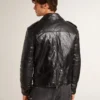 Chaqueta de motociclista de cuero negro para hombre con efecto brillante