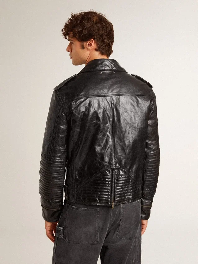 Chaqueta de motociclista de cuero negro para hombre con efecto brillante