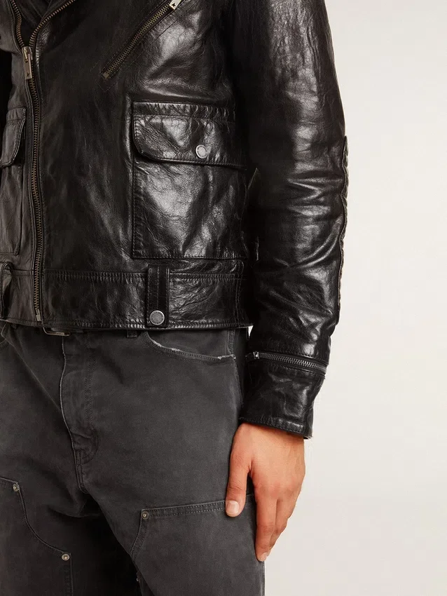Chaqueta de motociclista de cuero negro para hombre con efecto brillante