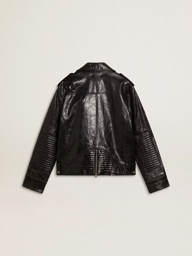 Chaqueta de motociclista de cuero negro para hombre con efecto brillante