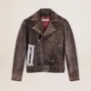 Chaqueta de motociclista de cuero para hombre con tachuelas martilladas y cinta adhesiva