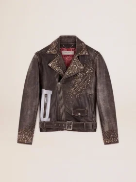 Chaqueta de motociclista de cuero para hombre con tachuelas martilladas y cinta adhesiva