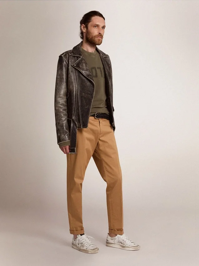 Chaqueta de motociclista para hombre en cuero desgastado