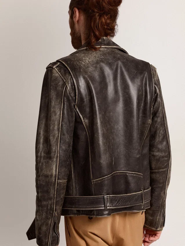 Chaqueta de motociclista para hombre en cuero desgastado
