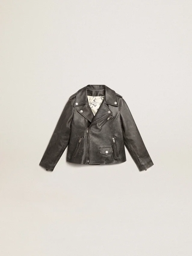 Chaqueta de motociclista para niños en cuero desgastado