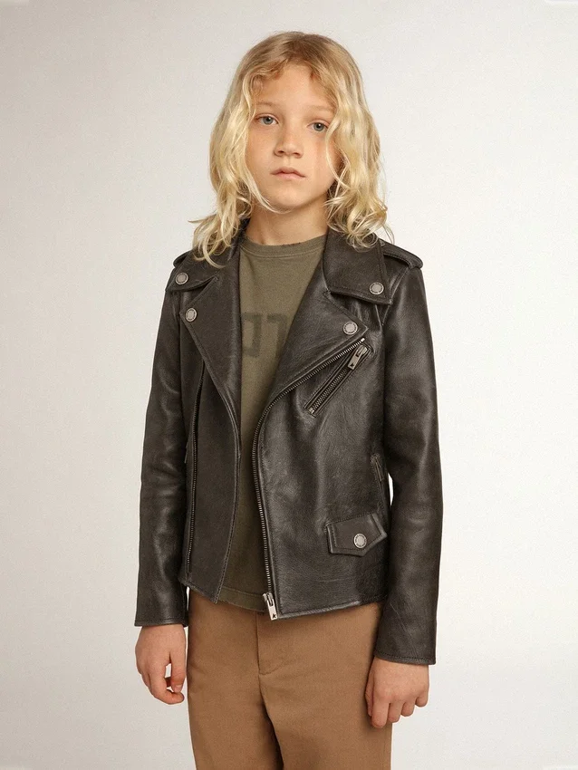 Chaqueta de motociclista para niños en cuero desgastado