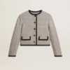 Chaqueta de mujer de lana y seda gris con ribetes de gamuza negra