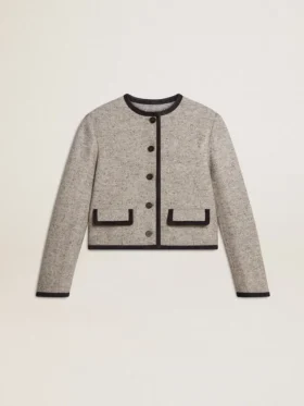 Chaqueta de mujer de lana y seda gris con ribetes de gamuza negra