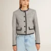 Chaqueta de mujer de lana y seda gris con ribetes de gamuza negra