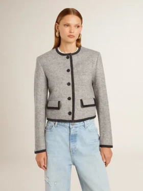 Chaqueta de mujer de lana y seda gris con ribetes de gamuza negra