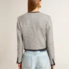Chaqueta de mujer de lana y seda gris con ribetes de gamuza negra