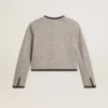 Chaqueta de mujer de lana y seda gris con ribetes de gamuza negra