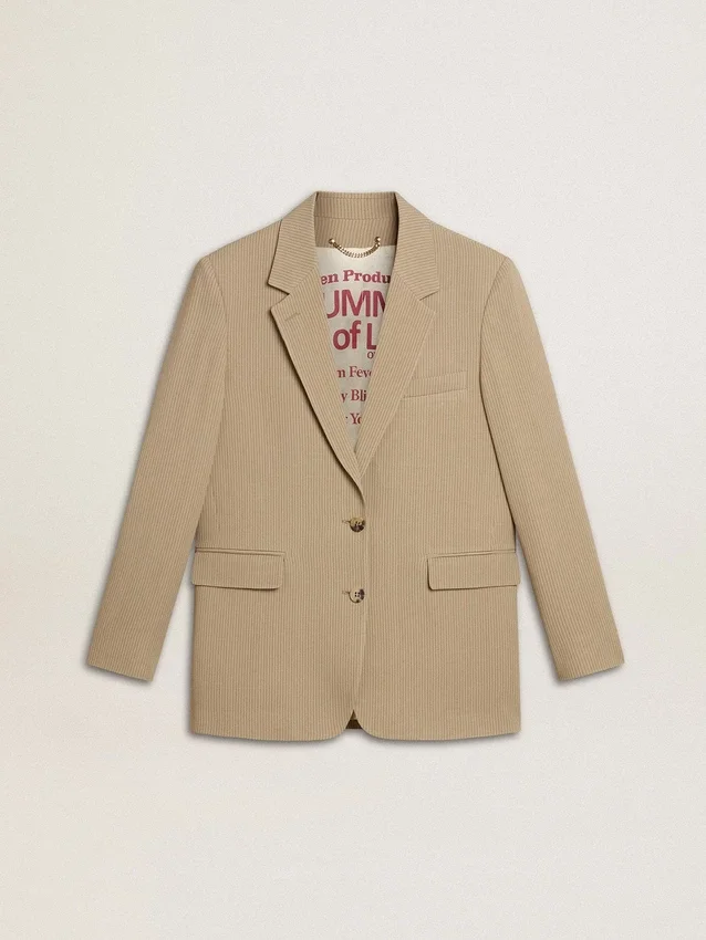 Chaqueta de mujer de un solo pecho con rayas finas de color beige y corte oversize