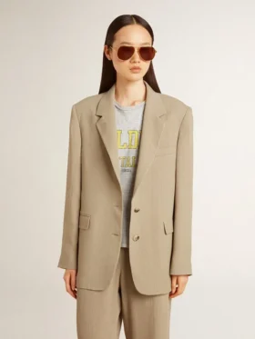 Chaqueta de mujer de un solo pecho con rayas finas de color beige y corte oversize