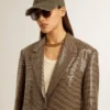 Chaqueta de pata de gallo para mujer con bordado de lentejuelas en toda la prenda