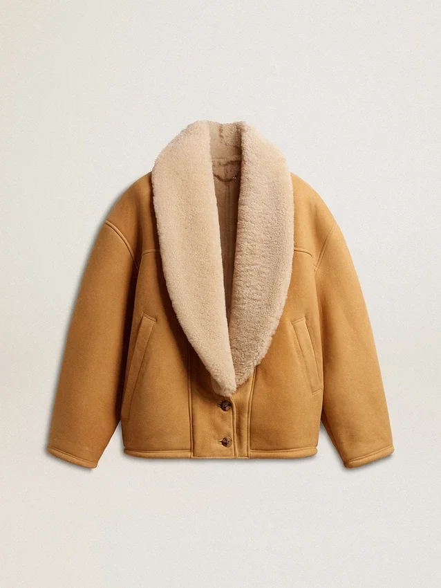 Chaqueta de piel de oveja para mujer con cuello chal ancho de piel de oveja