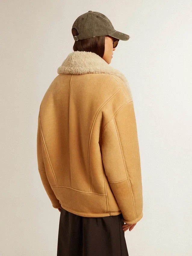 Chaqueta de piel de oveja para mujer con cuello chal ancho de piel de oveja