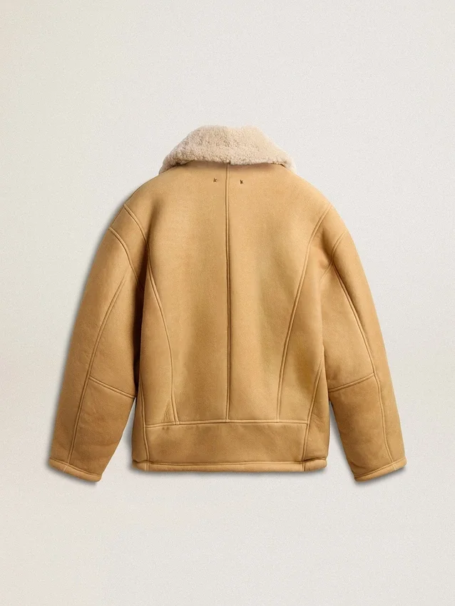 Chaqueta de piel de oveja para mujer con cuello chal ancho de piel de oveja
