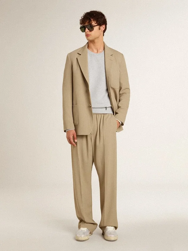 Chaqueta de un solo pecho para hombre, de rayas finas color beige y corte oversize