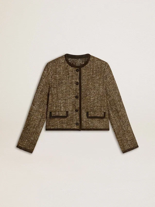 Chaqueta Journey para mujer en tweed de lana con detalles de gamuza color café