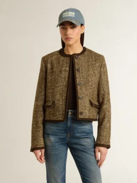 Chaqueta Journey para mujer en tweed de lana con detalles de gamuza color café