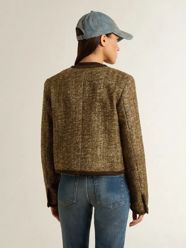Chaqueta Journey para mujer en tweed de lana con detalles de gamuza color café