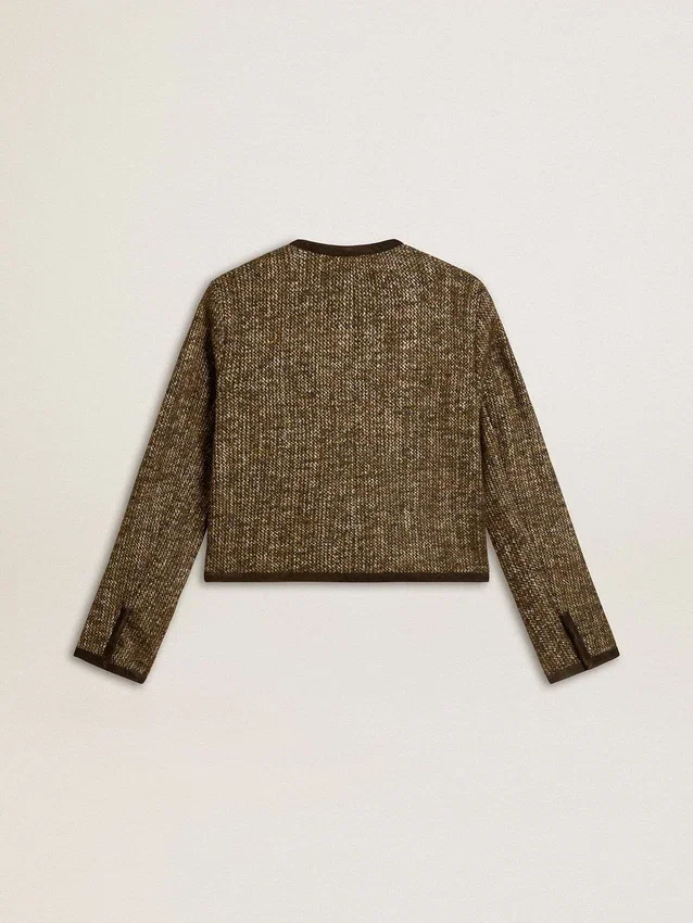 Chaqueta Journey para mujer en tweed de lana con detalles de gamuza color café