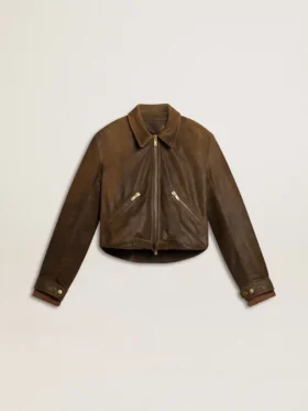 Chaqueta motera corta de cuero marrón para mujer con cremallera