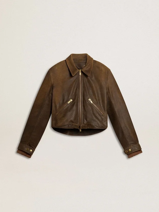 Chaqueta motera corta de cuero marrón para mujer con cremallera
