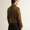Chaqueta motera corta de cuero marrón para mujer con cremallera