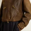 Chaqueta motera corta de cuero marrón para mujer con cremallera