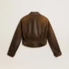 Chaqueta motera corta de cuero marrón para mujer con cremallera