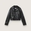 Chaqueta motera de cuero negro para mujer con efecto brillante