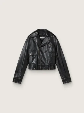 Chaqueta motera de cuero negro para mujer con efecto brillante