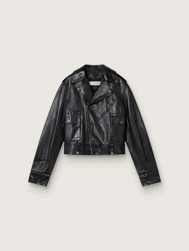 Chaqueta motera de cuero negro para mujer con efecto brillante