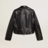 Chaqueta motera de cuero negro para mujer con efecto brillante