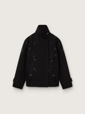 Chaqueta oversize para mujer en sarga de algodón negra con bordado floral de lentejuelas