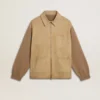 Chaqueta para hombre de cuero nobuk color travertino con mangas y espalda de mezcla de lana