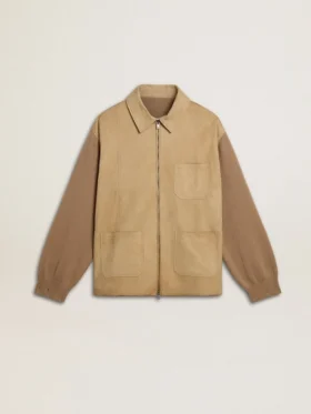 Chaqueta para hombre de cuero nobuk color travertino con mangas y espalda de mezcla de lana